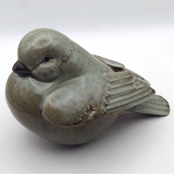 Glazed Ceramic Chubby Resting Bird Figurine Blue & Brown Decorative Chickadee - Picture 1 of 7